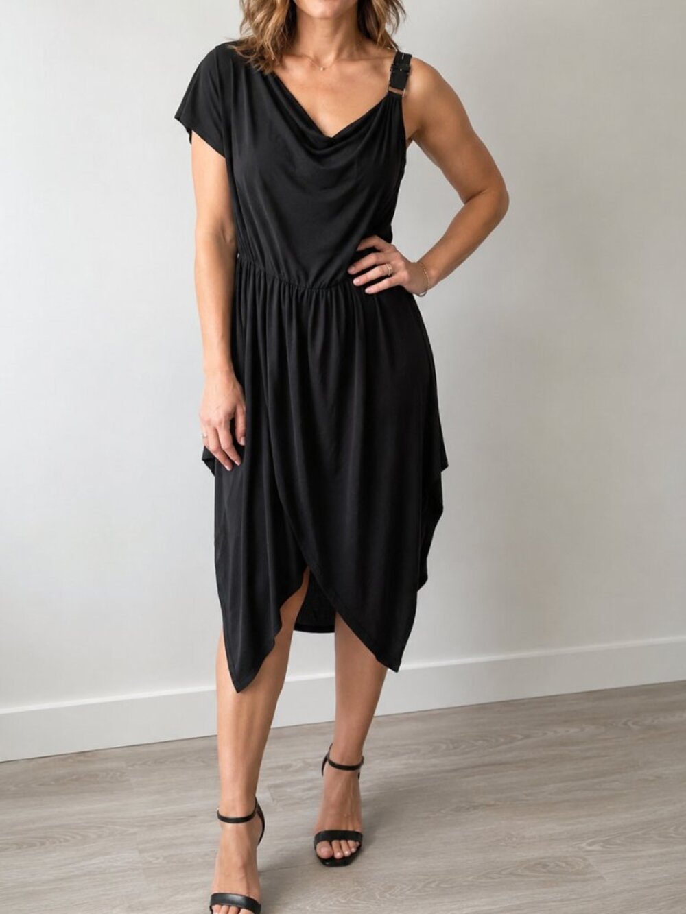 Michael Kors Black One Shoulder Dress Buckle Strap Asymmetrical Hem Size